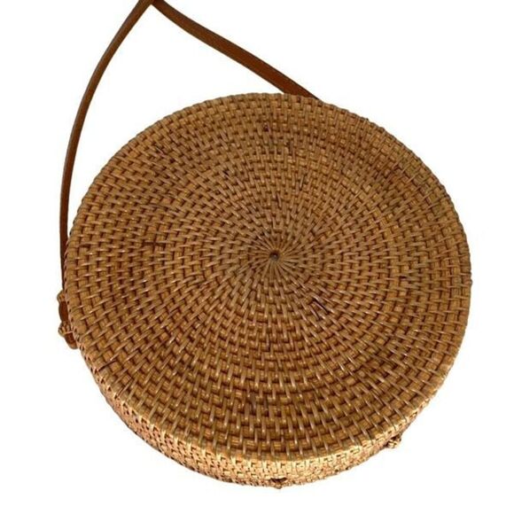 Jelavu Womens Rattan Floral Shells Round Crossbody Handbag Brown White OS - Picture 4 of 11